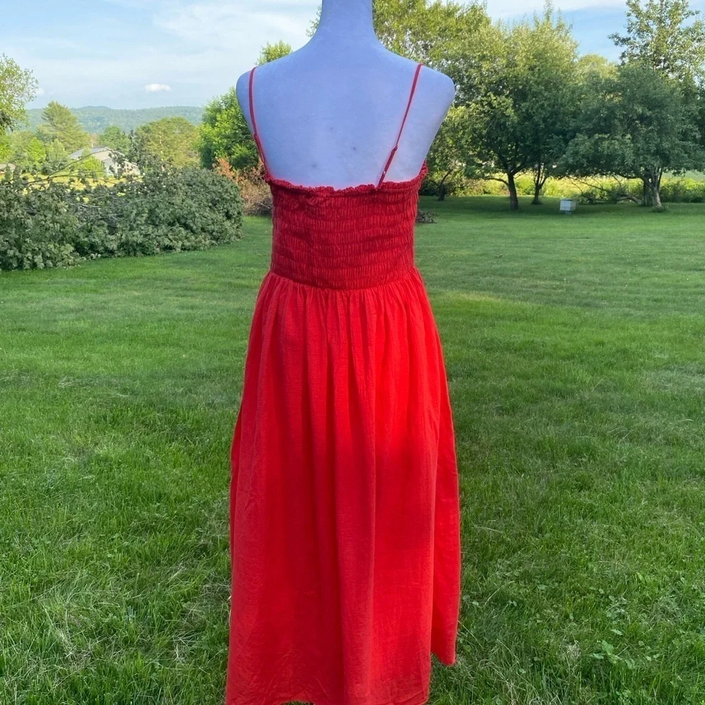 & Other Stories Red Cotton Maxi Dress Ruched Smocked Size 8
